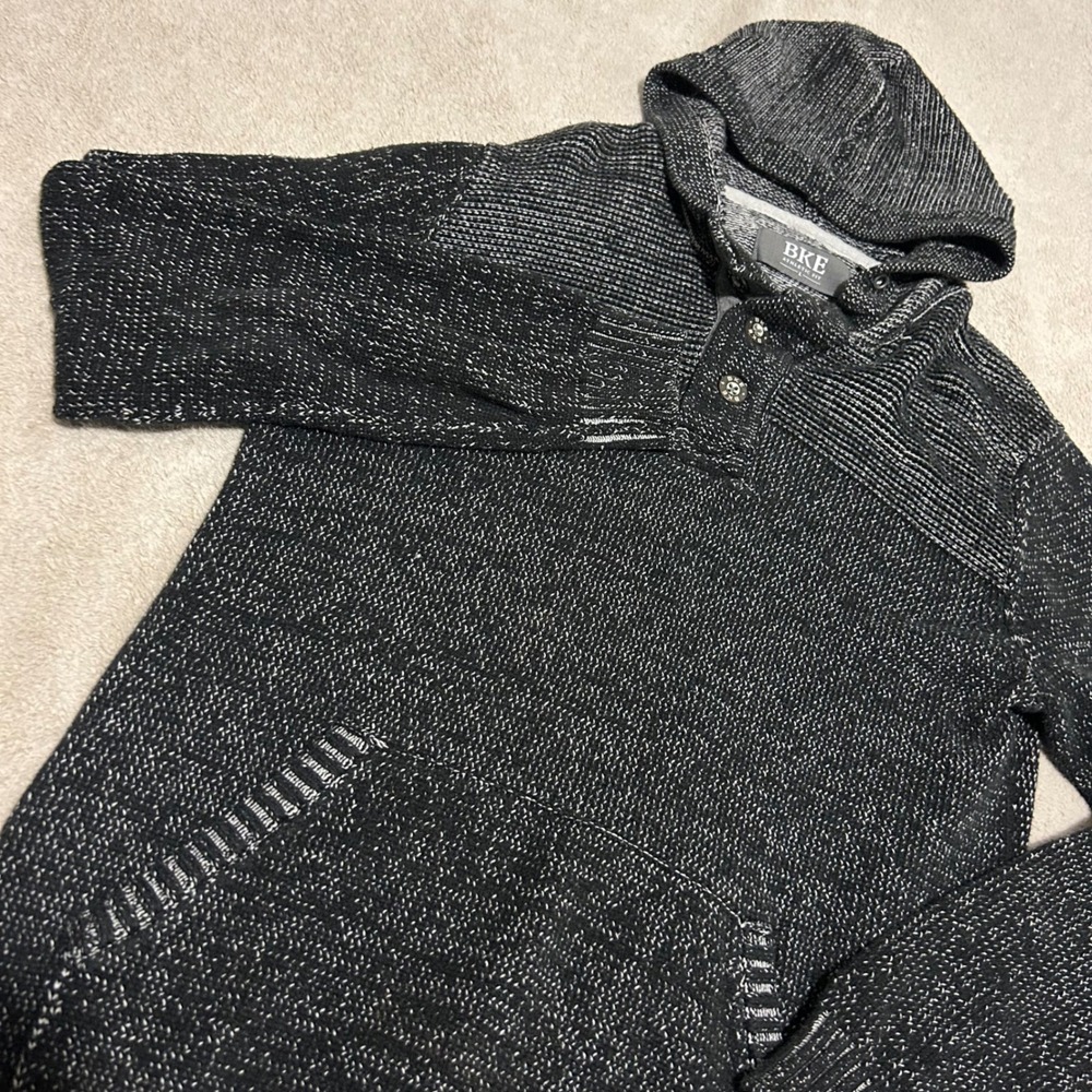 BKE Hooded Sweater Mens Large Black Marled Henley Knit Thick